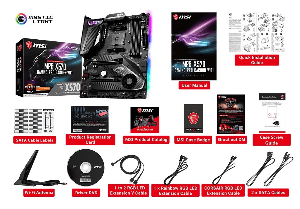 MSI MPG X570 GAMING PRO CARBON WIFI box content