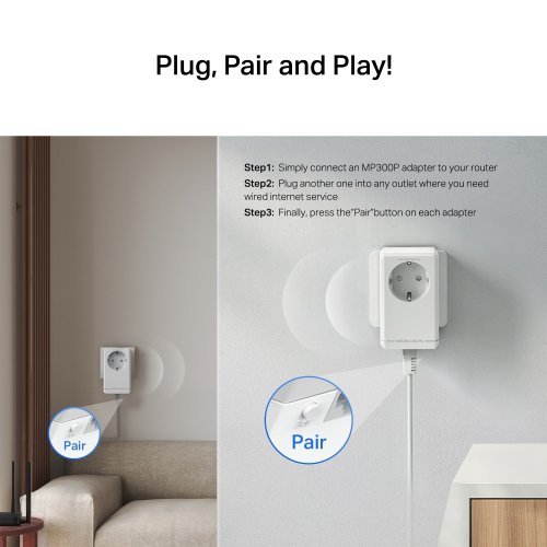 Powerline адаптер Mercusys MP300P KIT (снимка 3)