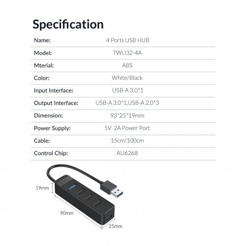 USB Hub Orico TWU32-4A TWU32-4A-BK-EP (снимка 5)