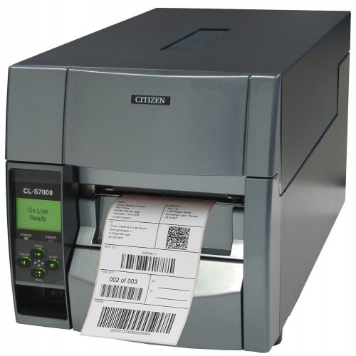 Принтер Citizen Label Industrial printer CL-S700IIDT Thermal Transfer+Direct Print Speed 200mm/s, Print Width 4" (104mm)/Media Width min-max (12.5-118mm)/Roll Size max 200mm, Core Size(25-75mm), Resol.203dpi/Interf.USB/RS-232+Opt.card LinkServer/Plug (EU) Grey (снимка 1)